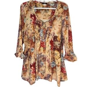 Cocomo Floral Boho Tunic Top S/M Pintuck Henley 3/4 Sleeve Handkerchief Hem